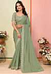 Embroidered Organza Scalloped Saree in Light Green