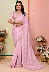 Embroidered Organza Scalloped Saree in Pink