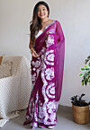 Embroidered Organza Scalloped Saree in Purple