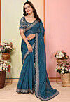 Embroidered Organza Scalloped Saree in Teal Blue
