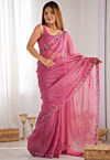 Embroidered Organza Shimmer Scalloped Saree in Pink