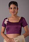 Embroidered Patch Satin Blouse in Dark Purple