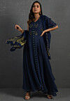 Embroidered Pure Chanderi Silk Abaya Style Suit in Indigo Blue