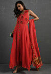 Embroidered Pure Chanderi Silk Abaya Style Suit in Red