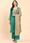 Embroidered Pure Cotton Jacquard Pakistani Suit in Teal Green