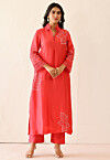 Embroidered Pure Silk A Line Kurta Set in Peach