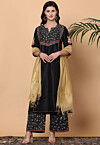Embroidered Pure Silk Pakistani Suit in Black