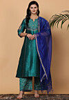 Embroidered Pure Silk Pakistani Suit in Teal Green