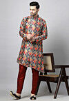Embroidered Raw Silk Asymmetric Kurta Set in Multicolor