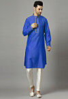 Embroidered Raw Silk Kurta Set in Blue