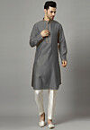Embroidered Raw Silk Kurta Set in Dark Grey