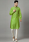 Embroidered Raw Silk Kurta Set in Green