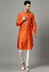 Embroidered Raw Silk Kurta Set in Orange