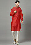 Embroidered Raw Silk Kurta Set in Red