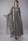 Embroidered Rayon Abaya Style Suit in Grey