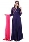 Embroidered Rayon Abaya Style Suit in Navy Blue