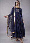 Embroidered Rayon Abaya Style Suit in Navy Blue