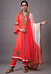Embroidered Rayon Aline Suit in Coral Red