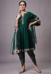 Embroidered Rayon Aline Suit in Dark Green