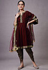 Embroidered Rayon Aline Suit in Maroon
