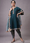 Embroidered Rayon Aline Suit in Teal Blue
