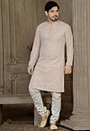Embroidered Rayon Cotton Kurta Set in Peach
