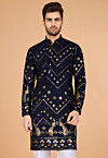 Embroidered Rayon Kurta in Navy Blue