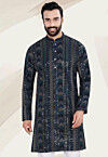 Embroidered Rayon Kurta in Navy Blue