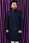 Embroidered Rayon Kurta in Navy Blue