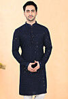 Embroidered Rayon Kurta in Navy Blue