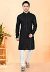 Embroidered Rayon Kurta Set in Black