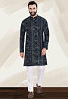 Embroidered Rayon Kurta Set in Navy Blue