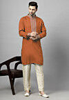 Embroidered Rayon Kurta Set in Rust Orange