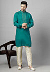 Embroidered Rayon Kurta Set in Teal Green