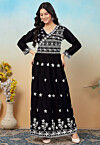Embroidered Rayon Long Kurta Set in Black