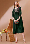 Embroidered Rayon Midi Dress in Dark Green