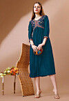 Embroidered Rayon Midi Dress in Teal Blue