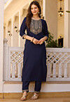 Embroidered Rayon Pakistani Suit in Navy Blue