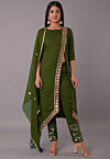 Embroidered Rayon Pakistani Suit in Olive Green