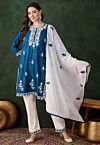 Embroidered Rayon Pakistani Suit in Teal Blue