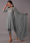 Embroidered Rayon Punjabi Suit in Grey