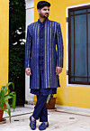 Embroidered Georgette Sherwani in Indigo Blue