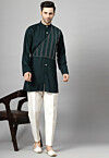 Embroidered Rayon Short Kurta Set in Dark Teal Green