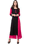 Embroidered Rayon Straight Kurta in Black and Fuchsia