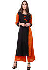 Embroidered Rayon Straight Kurta in Black and Orange