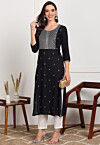Embroidered Rayon Straight Kurta in Black