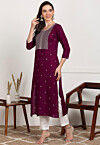 Embroidered Rayon Straight Kurta in Purple