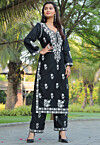 Embroidered Rayon Straight Kurta Set in Black
