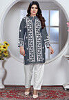 Embroidered Rayon Straight Kurta Set in Grey