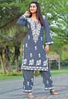 Embroidered Rayon Straight Kurta Set in Grey